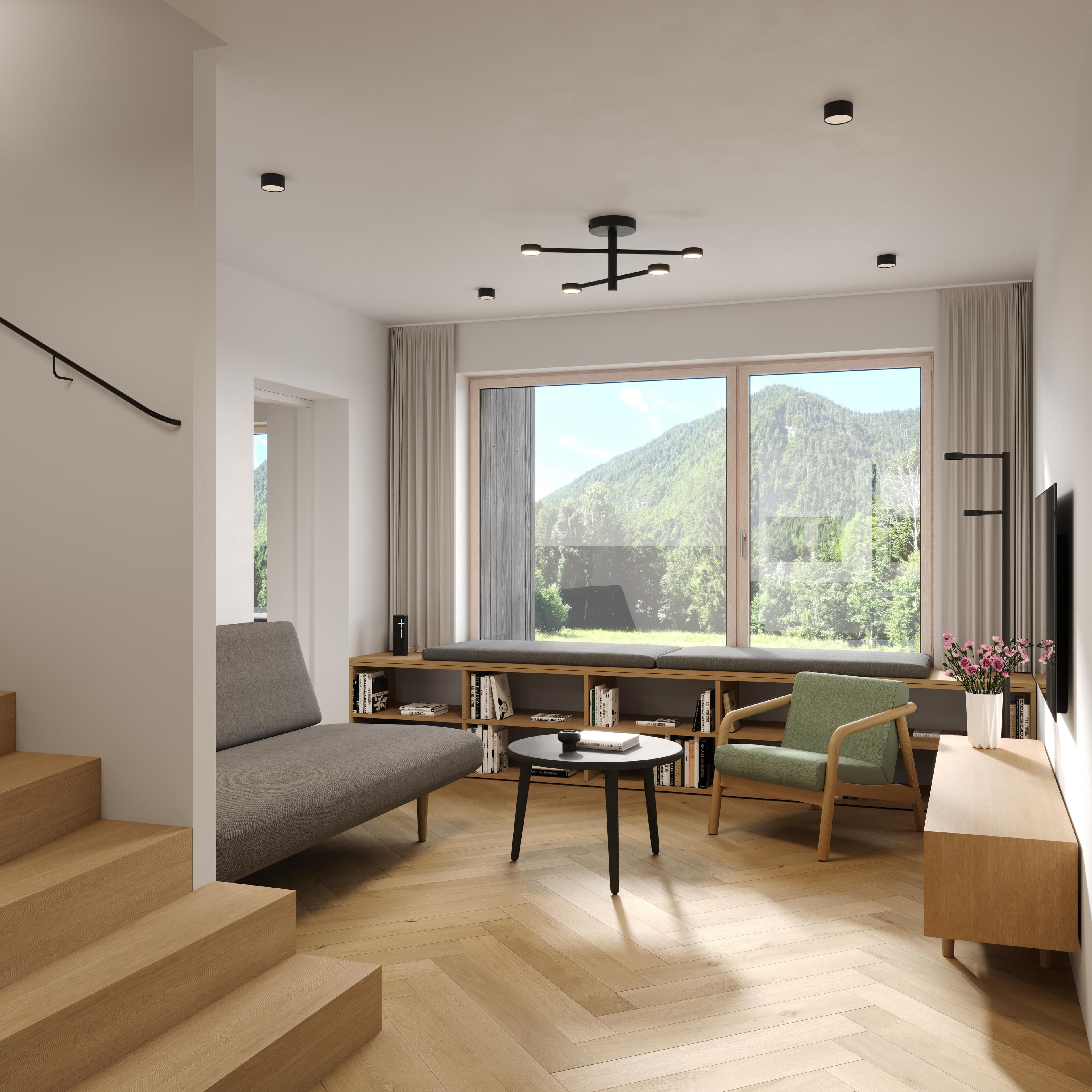 NOOK - Nature Hideaway | Nook zwei. - A tranquil bedroom with a pitched ceiling and a large window providing a view of green mountains and trees under a clear sky. Natural light fills the room, highlighting the herringbone wooden floors and the simple, elegant bed. An open wardrobe is visible, adding to the clean and airy feel.